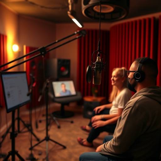 People recording a podcast in a professional studio setting